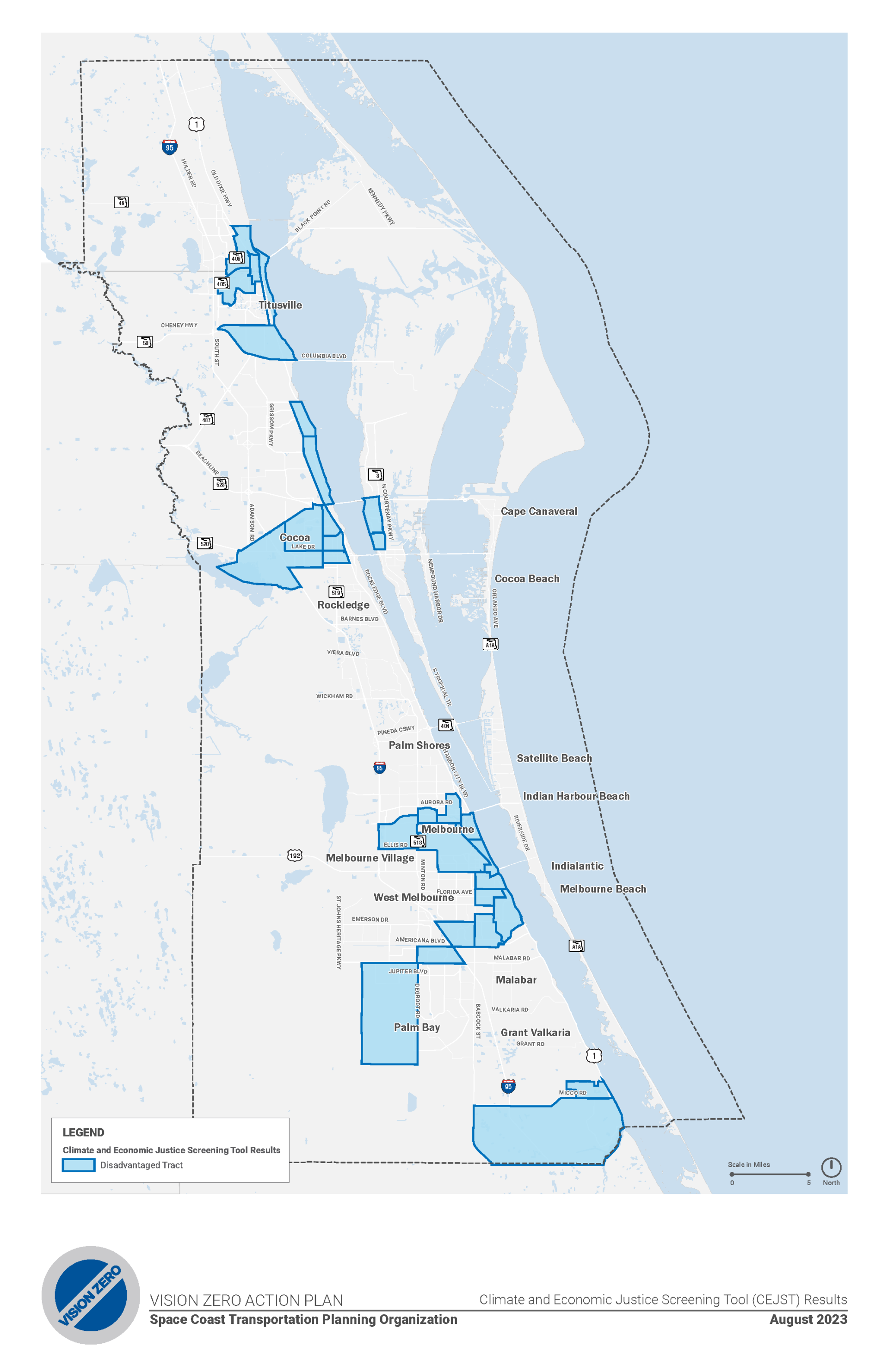 Brevard's Climate and Economic Justice Screening (CEJST) Tool Map - August 2023