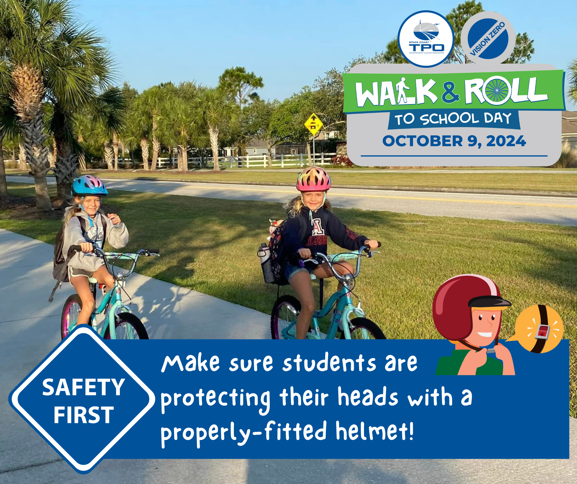 Square graphic of children in helmets riding bikes with an overlaid helmet safety message.